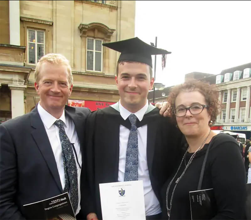 Jack Ritchie at his graduation with his parents Charles and Liz Ritchie, who believe that failures on the part of UK authorities to address gambling issues contributed to their son’s death (Gambling With Lives/PA) (PA Media)