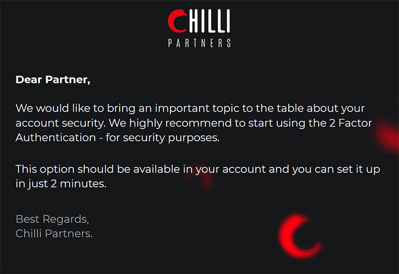 2 Factor Authentication - recommendation email sent by CHILLI PARTNERS