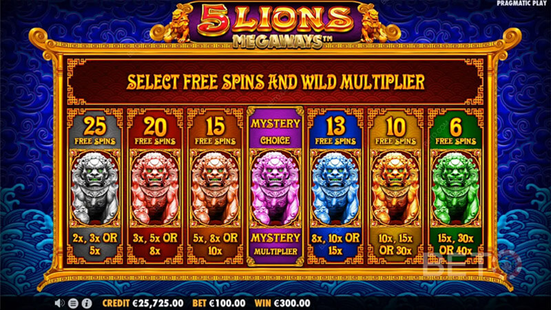 5 Lions Megaways - select free spins and wild multiplier